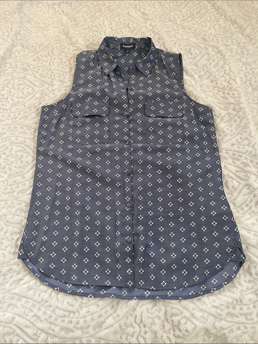 Express Sleeveless Button-Front Blue-Gray Printed Blouse